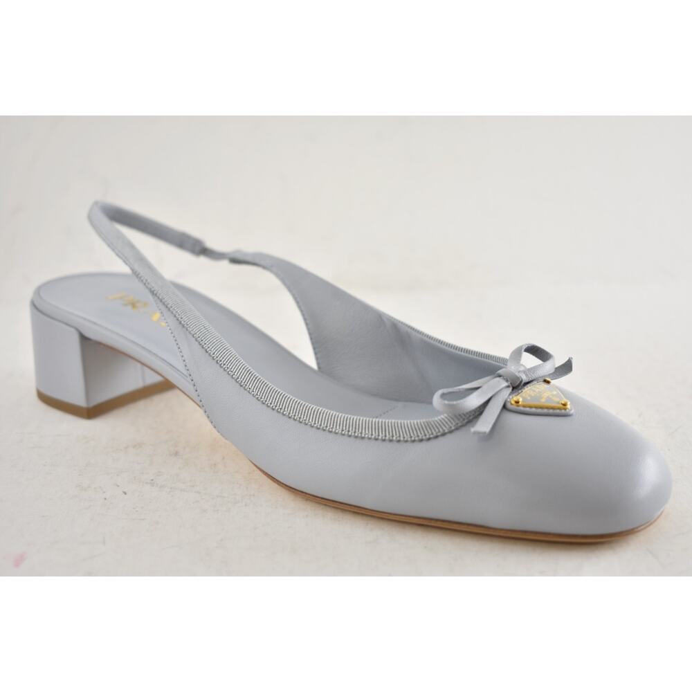 Prada Grey Blue Triangle Logo Bow Ballerina Mule Block Heel Slingback Pump 39.5 - Picture 4 of 15